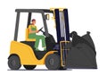 Litter Manufacturing Concept. Female Worker Character Driving Forklift Truck with Garbage Sacks for Waste Processing