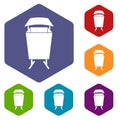 Litter waste bin icons set hexagon