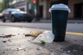 littering culprit, with empty water bottle and trash can in the background