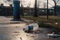 littering culprit, with empty water bottle and trash can in the background