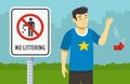 Littering is prohibited design. Young male character throws out a used plastic cup on the ground. No littering warning sign.