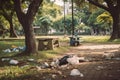 littering and urban pollution in a park, with trash strewn across the grounds