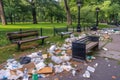 littering and urban pollution in a park, with trash strewn across the grounds