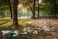 littering and urban pollution in a park, with trash strewn across the grounds