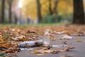 littering and urban pollution in a public park, with discarded cigarette and plastic bottles