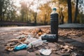 littering and urban pollution in a public park, with discarded cigarette and plastic bottles