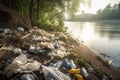 littering and urban pollution of river bank with plastic bags, bottles, and packaging