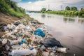 littering and urban pollution of river bank with plastic bags, bottles, and packaging