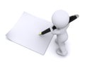 Little 3d character write a card with big pen Royalty Free Stock Photo