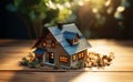 Little abode Miniature house rests on a quaint wooden table