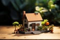 Little abode Miniature house rests on a quaint wooden table