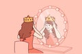 Little actress tries on crown sitting near mirror and dreams of playing role of princess on theater