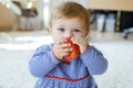 Little adorable baby girl eating big red apple. Vitamin and healthy food for small children. Portrait of beautiful child