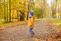 Little adorable boy in yellow jacket running along the path and Royalty Free Stock Photo