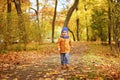 Little adorable boy in yellow jacket running along the path and Royalty Free Stock Photo