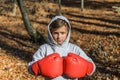 Little adorable girl child in a tracksuit, with a hood on his head, in red boxing gloves, boxing on the street in the autumn fores Royalty Free Stock Photo