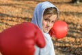 Little adorable girl child in a tracksuit, with a hood on his head, in red boxing gloves, boxing on the street in the autumn fores Royalty Free Stock Photo