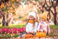 Little adorable girls with pumpkin outdoors on a warm autumn day. Royalty Free Stock Photo