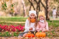 Little adorable girls with pumpkin outdoors on a warm autumn day. Royalty Free Stock Photo