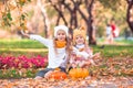 Little adorable girls with pumpkin outdoors on a warm autumn day. Royalty Free Stock Photo