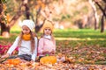 Little adorable girls with pumpkin outdoors on a warm autumn day. Royalty Free Stock Photo