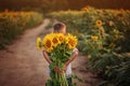 Little adorable kid boy holding bouquet of sunflowers in summer day. Child giving flowers. Royalty Free Stock Photo