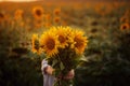 Little adorable kid boy holding bouquet of sunflowers in summer day. Child giving flowers. Royalty Free Stock Photo