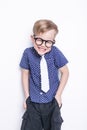 Little adorable kid in tie and glasses. School. Preschool. Fashion. Studio portrait isolated over white background Royalty Free Stock Photo