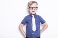 Little adorable kid in tie and glasses. School. Preschool. Fashion. Studio portrait isolated over white background Royalty Free Stock Photo