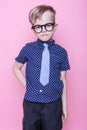 Little adorable kid in tie and glasses. School. Preschool. Fashion. Studio portrait over pink background Royalty Free Stock Photo