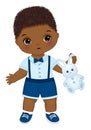 Little African American Baby Boy Holding Bunny Toy. Vector Cute Baby Boy Royalty Free Stock Photo