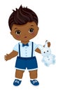 Little African American Baby Boy Holding Bunny Toy. Vector Cute Baby Boy Royalty Free Stock Photo