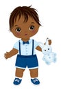 Little African American Baby Boy Holding Bunny Toy. Vector Cute Baby Boy Royalty Free Stock Photo