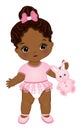 Little African American Baby Girl Holding Bunny Toy. Vector Cute Baby Girl Royalty Free Stock Photo