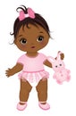 Little African American Baby Girl Holding Bunny Toy. Vector Cute Baby Girl Royalty Free Stock Photo