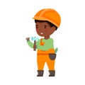 Little African American Boy Builder Wearing Hard Hat Holding Nail and Hammer Vector Illustration