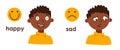Little African American boy with different facial expressions. Happy and sad child. Bad and good mood. Vector cartoon character Royalty Free Stock Photo