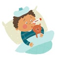 Little African American boy ill in bed with thermometer and hugging teddy bear. Cartoon vector hand drawn eps 10 Royalty Free Stock Photo