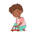Little African American Boy in Kindergarden Sitting on the Floor and Playing Toy Car Vector Illustration Royalty Free Stock Photo