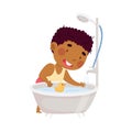 Little African American Boy Running Water into Tub for Taking Bath in Bathroom Vector Illustration