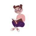 Little African American girl with glasses sits and reads a book. Concept back to school and study. Schoolgirl with glasses is Royalty Free Stock Photo