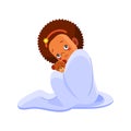 A little african american girl has flu. Sick child girl sitting in bed with toy bear and blowing her nose, feel so bad