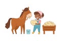 Little African American Girl in Overall Feeding Horse with Hay Rested in Wooden Crate Vector Illustration.