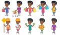 Little african girl vector illustrations set. Royalty Free Stock Photo