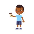 Little African boy with takeaway coffee. Cute dark skin kid with hot beverage, cartoon character.