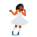 Little African Girl Holding Microphone Sing on on Stage, Baby Singing Song. Little Vocalist Female Character Singer Royalty Free Stock Photo