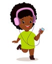 Little African girl running and listening to the music. Cute cartoon character. Royalty Free Stock Photo