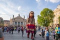 Little Amal, a giant puppet representing a Syrian refugee girl, in Lviv, Ukraine