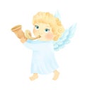 Little angel boy with a golden bugle. Religious catholic clipart. Christian Watercolor illustration