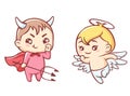 Little angel and demon cartoon. Kawaii cute angel with halo and funny demon trident in red cloak. Royalty Free Stock Photo